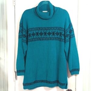 EUC 90s Teal Snowflake Turtleneck Sweater L